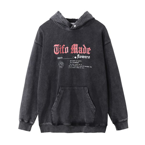 American Street Style Rose Letter Men's Ins Niche Loose Frayed Washed Vintage Hoodie_viptrois.com