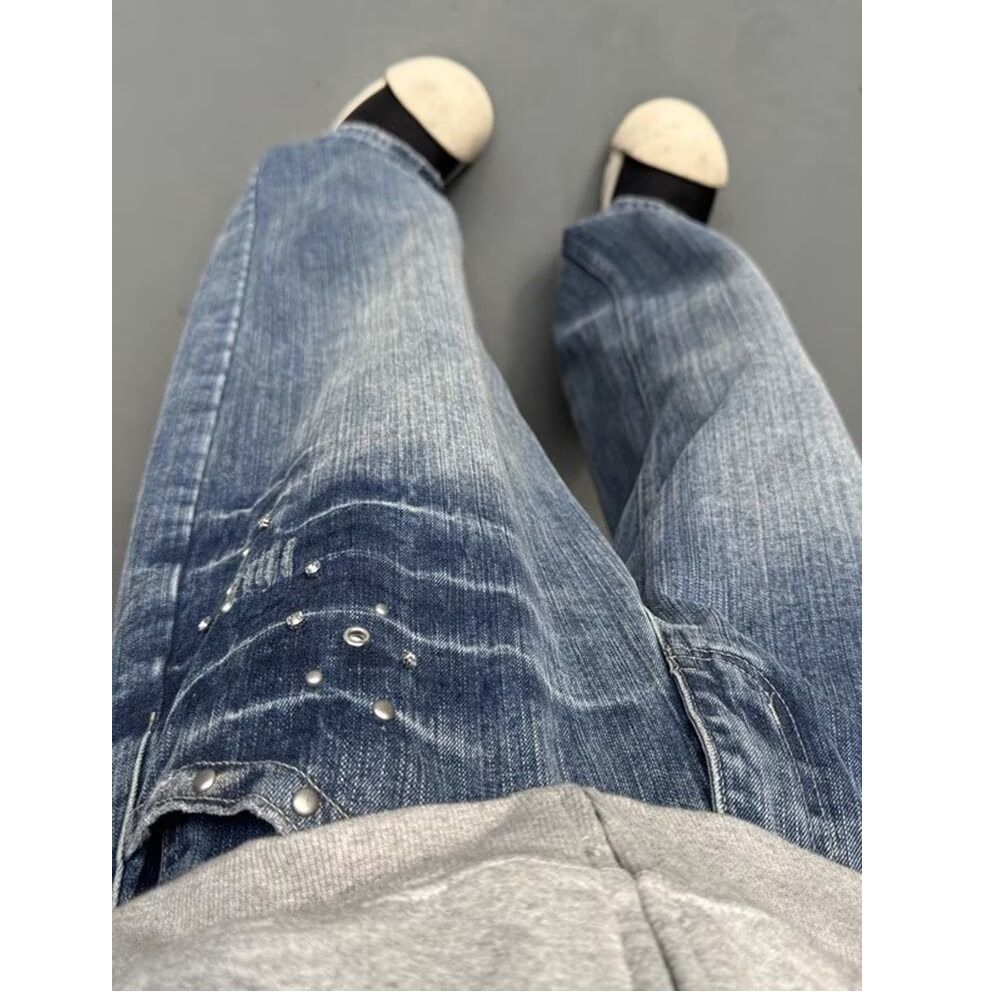 Men's Clothing Trousers Youth Trend Spring And Autumn Denim Zipper Retro Rivet Washed Lightning Straight Jeans Regular_viptrois.com