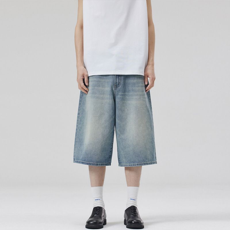 LKTM Men's Washed Wide Leg Cropped Jeans Summer Style Loose Fit Slimming Straight Leg Shorts for Men And Women_viptrois.com