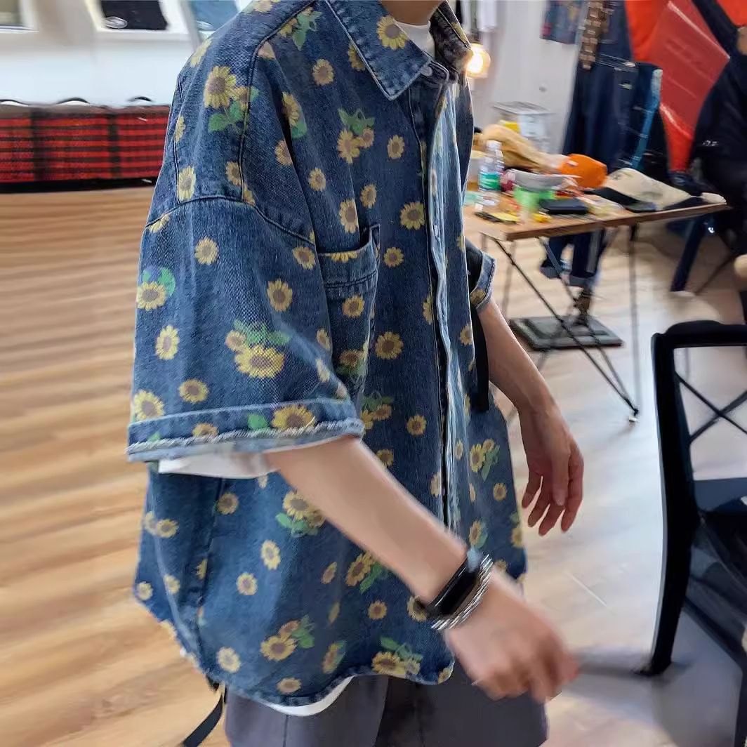 Men's Clothing Retro Distressed Denim Shirt Summer Full Print Daisy Washed Shirt Trendy Loose Short Sleeve Top_viptrois.com