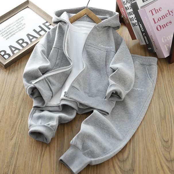 Boys' Sports Outfit Set - Long Sleeve Hooded Zip-Up Jacket & Pants Two-Piece - Athletic Wear For Kids (110-170cm) - Heather Gray / Apricot_viptrois.com