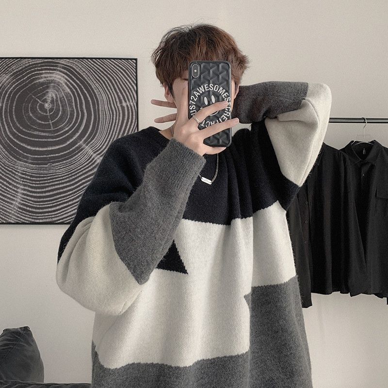 Loom Loom Winter Fashion Trend Ins Hong Kong Color-Block Thick Sweater Men's Korean Version Trendy Patchwork Forest Style Knitted_viptrois.com