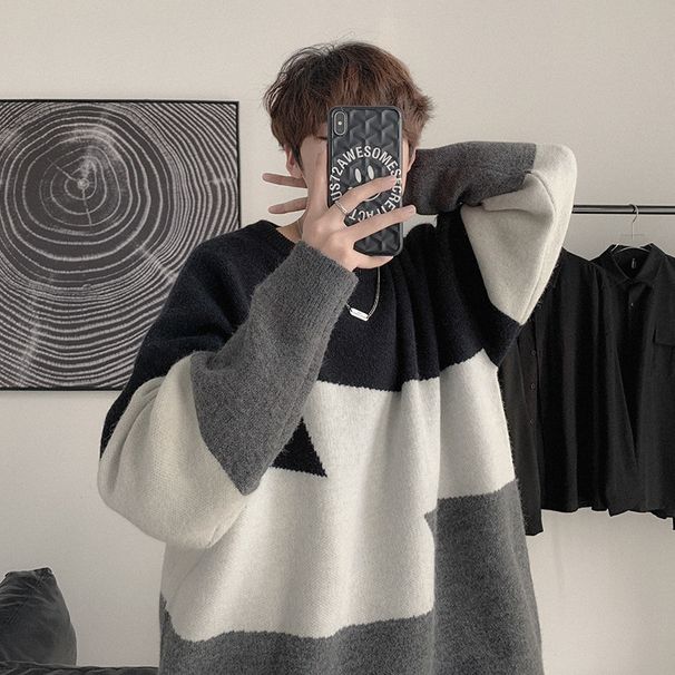 Loom Loom Winter Fashion Trend Ins Hong Kong Color-Block Thick Sweater Men's Korean Version Trendy Patchwork Forest Style Knitted_viptrois.com