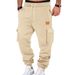 Urban Style Cargo Pants For Men With Leather Logo Patch, Multi-Pocket Design & Drawstring Waist - Comfortable & Trendy Casual Trousers_viptrois.com