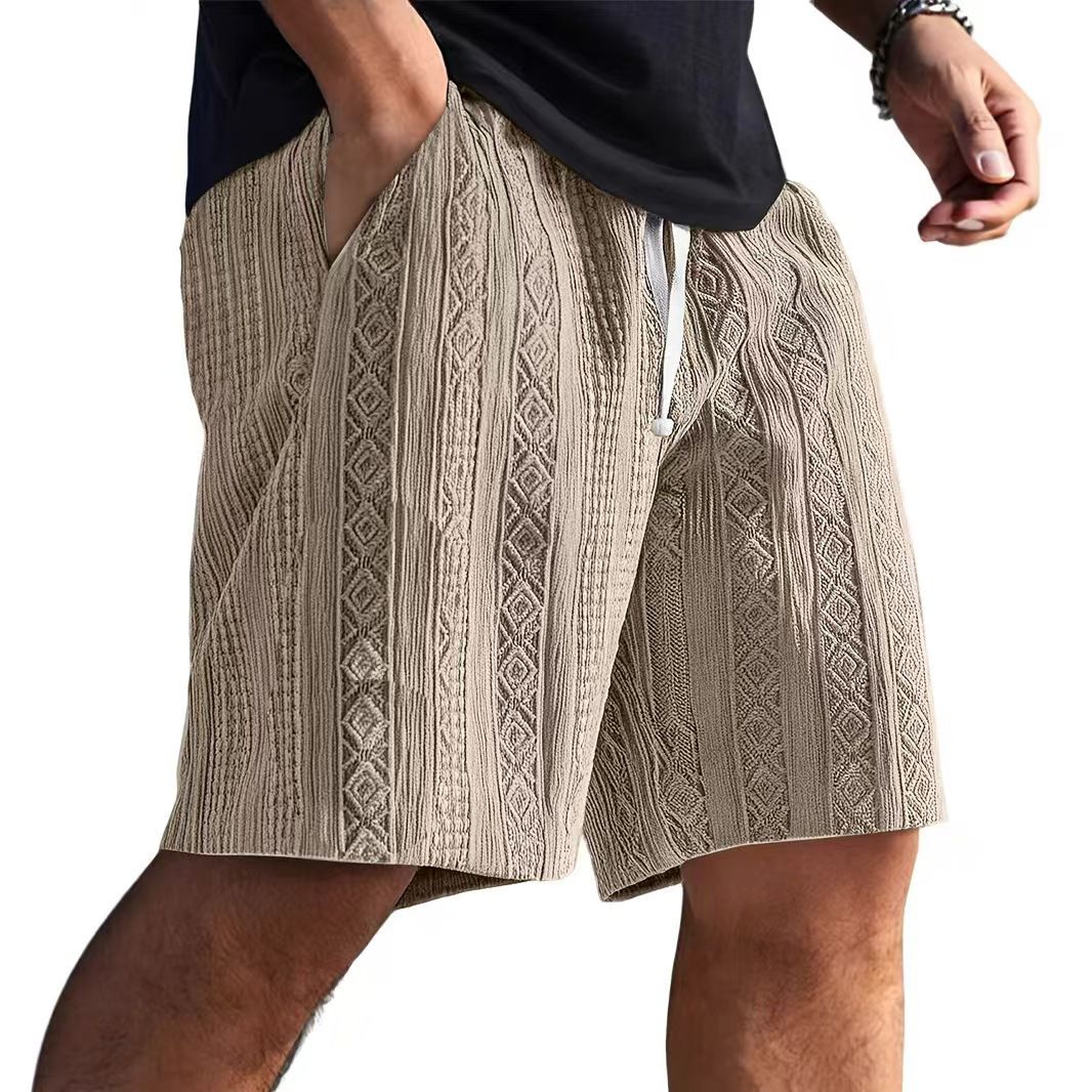 Men's Knit Casual Shorts – Summer 5-Inch Elastic Waist Shorts With Jacquard Pattern & Drawstring, Breathable Linen-Blend Fabric Sizing)_viptrois.com