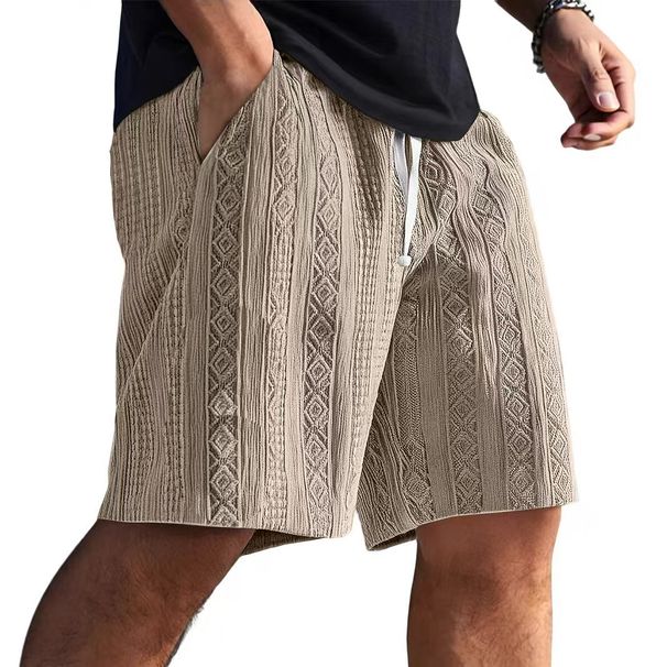 Men's Knit Casual Shorts – Summer 5-Inch Elastic Waist Shorts With Jacquard Pattern & Drawstring, Breathable Linen-Blend Fabric Sizing)_viptrois.com