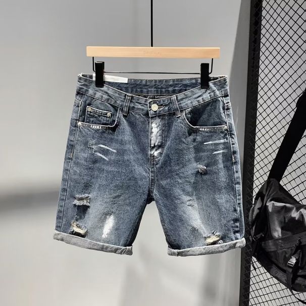 Blue Treny Personalize Zipper Splicing Slim Fit Rippe Enim Shorts For Men's Youth Summer New Five Quarter Pants_viptrois.com