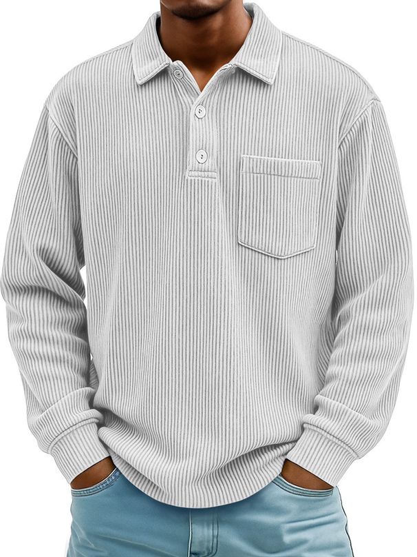 Pulse 2025 European And American Cross-Border Independent Station Men's Polo Casual Corduroy Striped Long Sleeve Shirt_viptrois.com