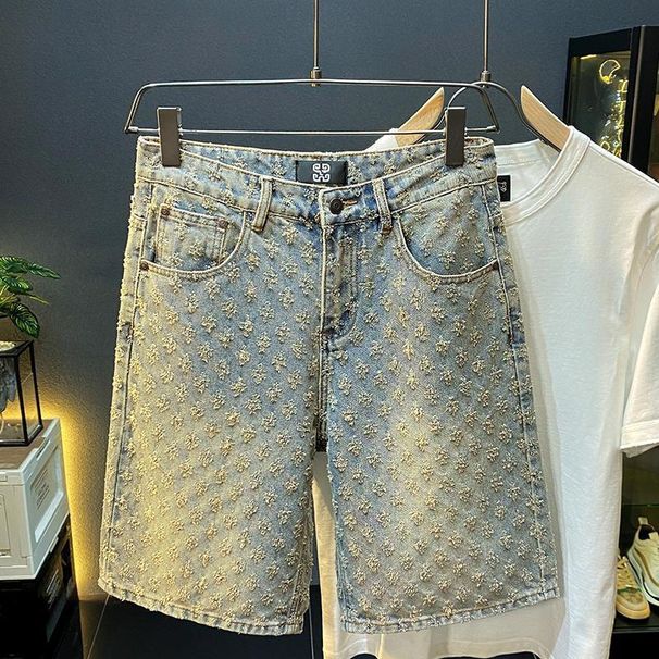 Men's American Style New Denim Shorts For Men's Summer Loose Straight Tube Perforated Jacquard High-end Five Point Pants_viptrois.com