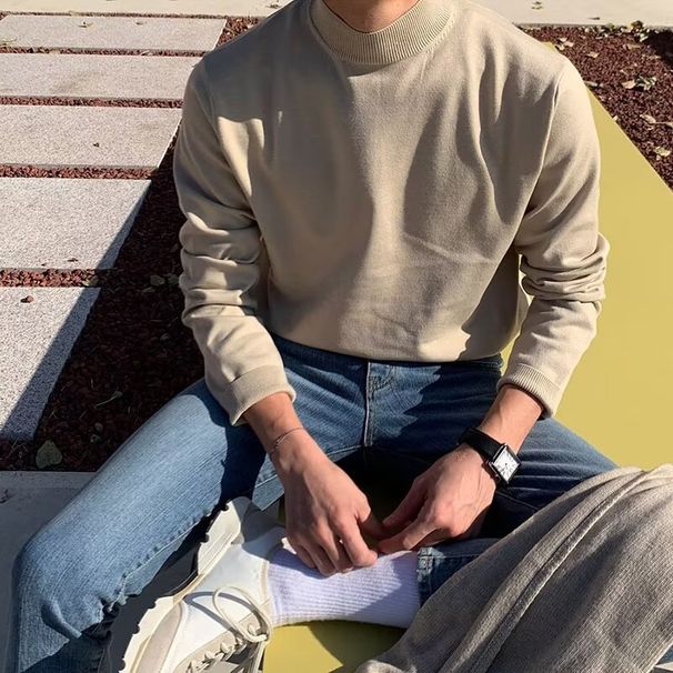 Half High Neck Solid Color Knitted Sweater, Men's And Women's Inner Layer, Base, Mid Neck, Slim Fit_viptrois.com