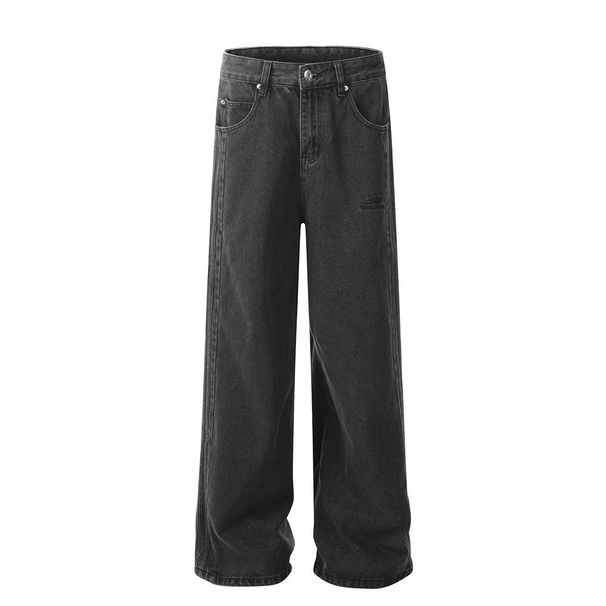 Washed Button Design Jeans Men's Punk Street Style Vibe Trend Embroidered Vintage Loose Straight Long Pants_viptrois.com