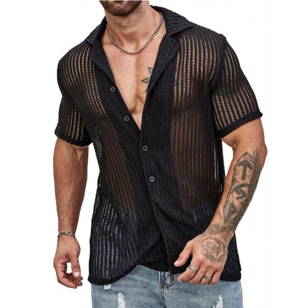 Men's Clothing Casual Shirts Fashion Cool Breathable Cardigan Solid Color Short Sleeved Tops Knitted Shirts_viptrois.com