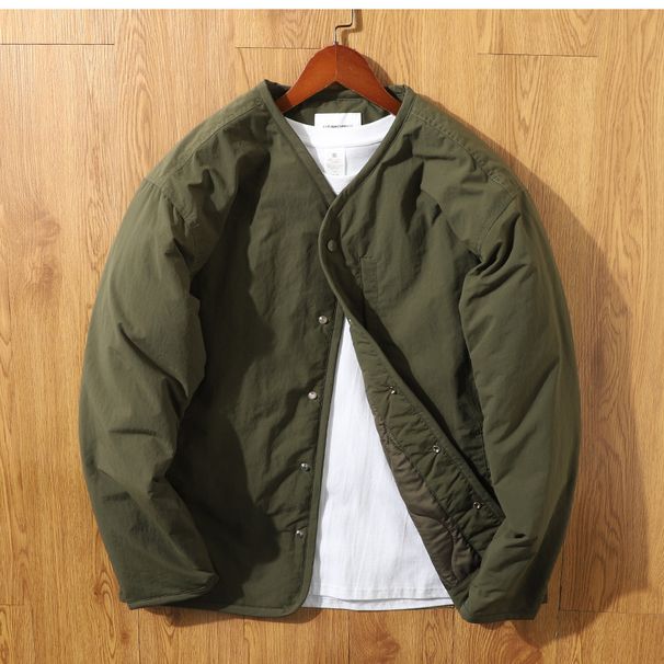 Retro Collarless Cotton Jacket Cotton Coat Men's Workwear V-neck Snap Button Cotton Coat Men's Jacket_viptrois.com