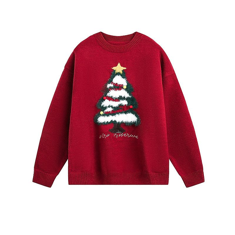 Men's Vintage Knit Sweater – Oversized Christmas Tree Embroidery Pullover, Streetwear Loose Fit Crewneck Top For Teens & Young Adults_viptrois.com