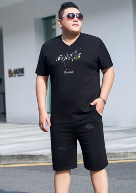 Men's Clothing Fat man plus size ice silk short-sleeved casual suit summer shorts fat man wear two-piece suit_viptrois.com