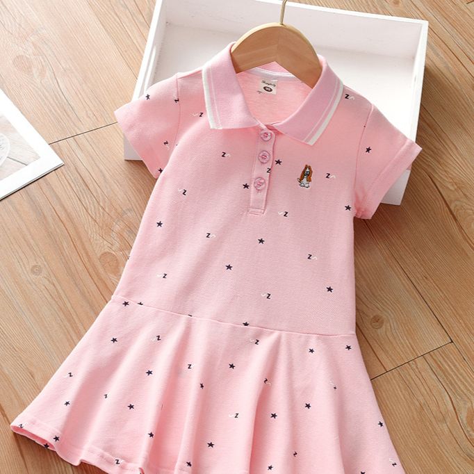 Mother & Kids Girls Dress Children's Summer Skirt 2024 New Little Girl Korean Version Of The College Style Short-Sleeved Polo Skirt_viptrois.com
