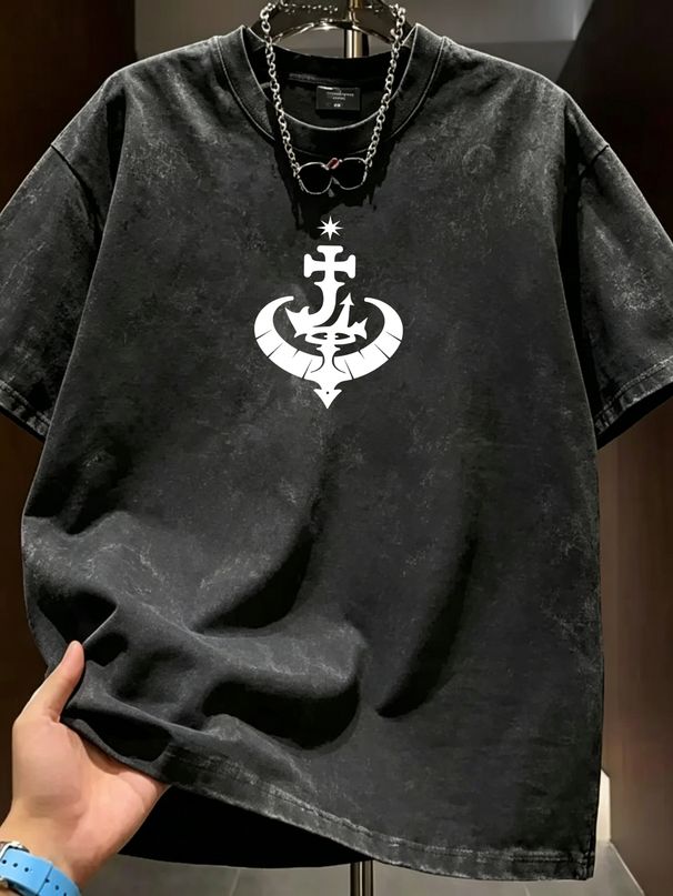 Summer New Short-sleeved T-shirt, Men's Mystic Cross Symbol Creative Printing Half-sleeved Youth Trend Versatile Casual Loose Base Tee_viptrois.com