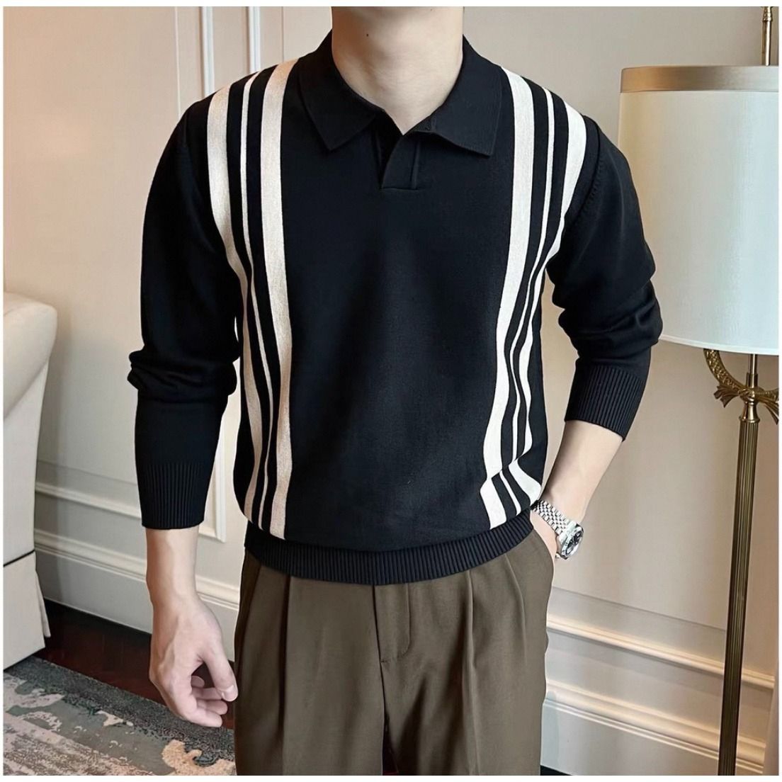 Men's British-Inspired Striped Knit Polo Shirt - Breathable Stretch Polyester Slim Fit Long Sleeve Top With Ribbed Hem (White, Black, Khaki)_viptrois.com