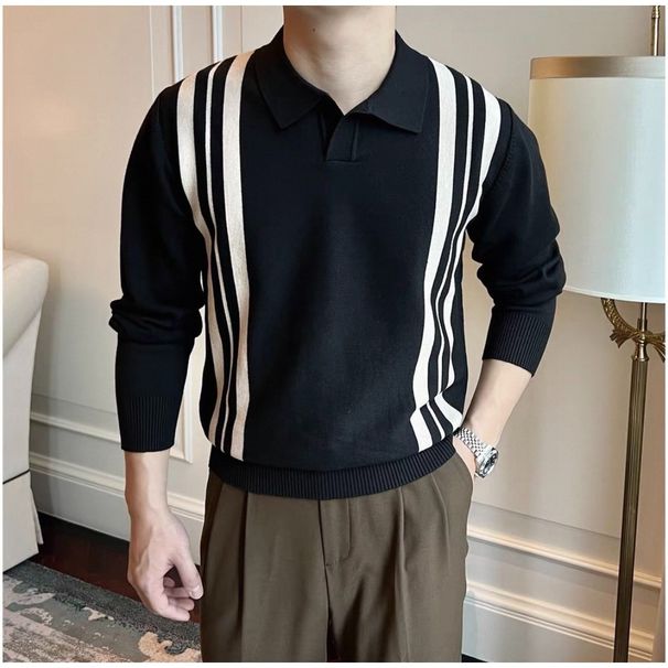 Men's British-Inspired Striped Knit Polo Shirt - Breathable Stretch Polyester Slim Fit Long Sleeve Top With Ribbed Hem (White, Black, Khaki)_viptrois.com