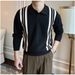 Men's British-Inspired Striped Knit Polo Shirt - Breathable Stretch Polyester Slim Fit Long Sleeve Top With Ribbed Hem (White, Black, Khaki)_viptrois.com