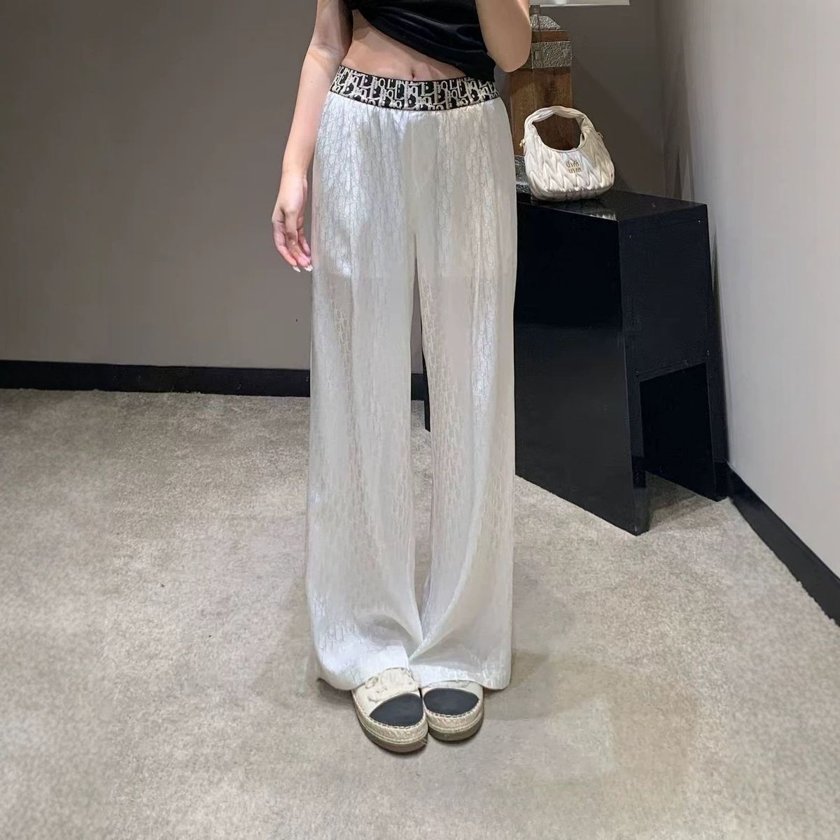 2026 New Korean Full-print Webbing Color Matching Waist Drape Trousers Summer Loose Pants_viptrois.com