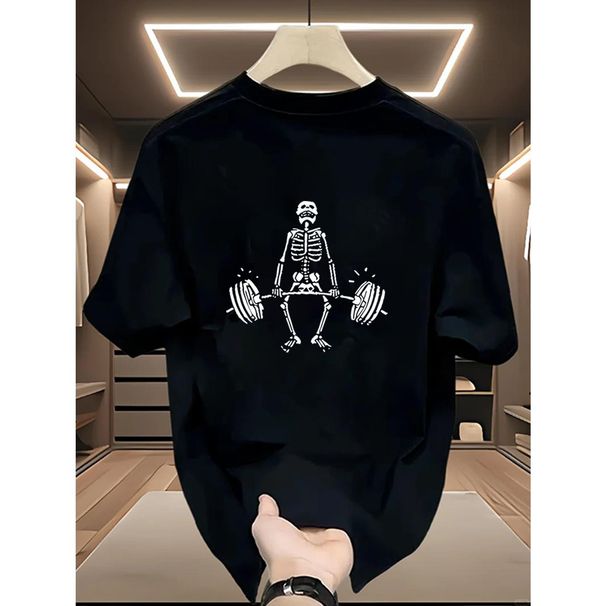 Estampado Camisetas Manga Corta Dibujos Esqueleto Animados Verano Cuello Redondo Casual Negra Blanca Playeras De Hombre_viptrois.com