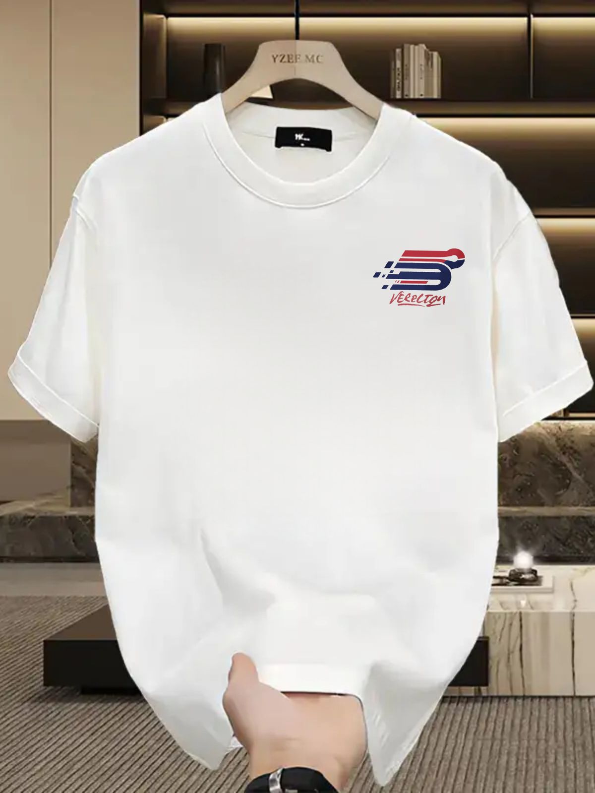 2026 Summer New Men's Short Sleeve Tee, American Sport Style Red & Blue Monogram And VERECTON Text Print, Loose Trendy Casual Daily Top_viptrois.com