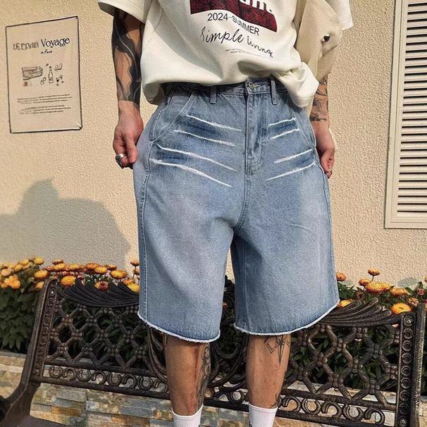 Men's Clothing Retro Washed Cat Whisker Pattern Raw Edge Straight Jeans Men And Women High Street Loose Casual Shorts_viptrois.com