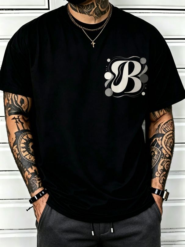 100% Cotton Men Casual T-shirt Gradient Glitter Letter B Print Crew Neck Short Sleeve Daily Streetwear Top_viptrois.com