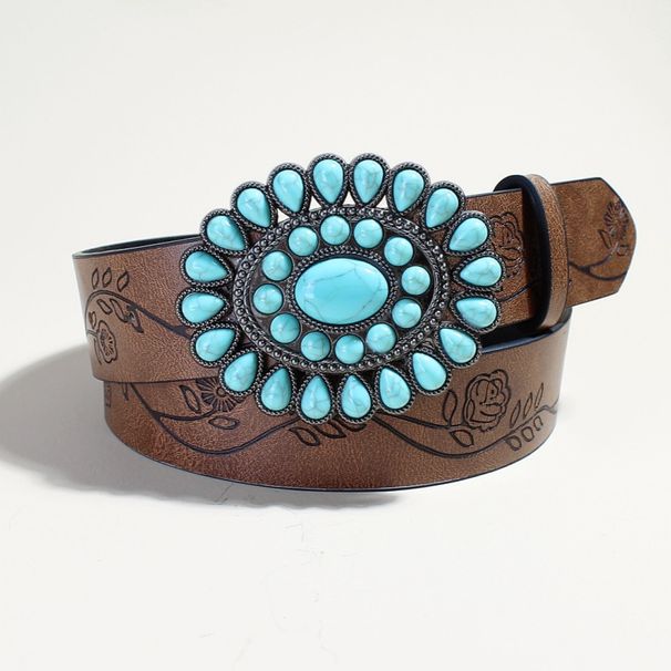 Western Boho Leather Belt - Turquoise Bead & Alloy Buckle With Rose Engraving | Stylish Hippie Waist Strap For Women (Adjustable 26-36 Inch)_viptrois.com