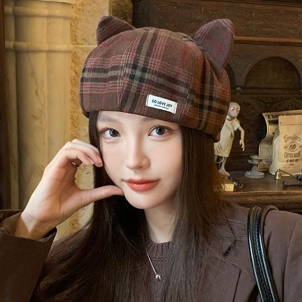 Sweet Cute Cat Ear Beret Korean Style Casual Versatile Windproof Octagonal Autumn Winter Fashion Warm Hat For Women_viptrois.com