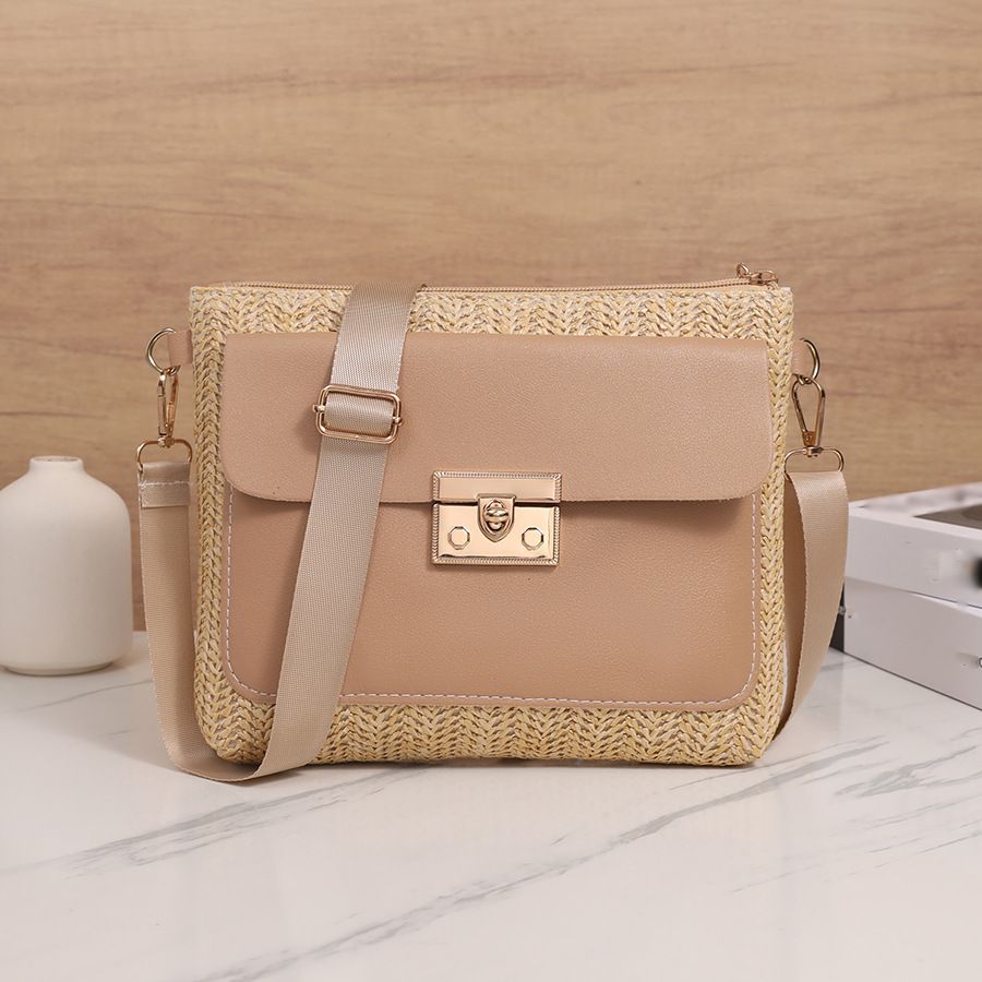 Women's Fashion Trend Straw Bag Chain Shoulder New Style Bag Women's Bag Simple Solid Color Messenger Bag Small Square Bag_viptrois.com