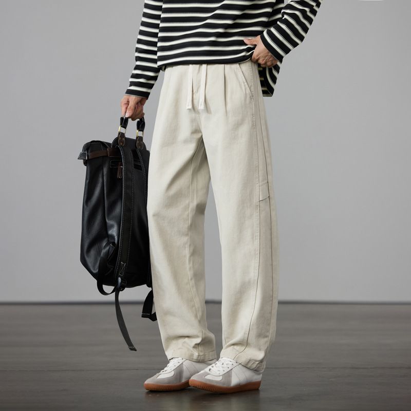 Men's Casual Cotton Wide-Leg Pants With Elastic Waist - Relaxed Fit Straight Leg Trousers For Everyday Wear (Available In Khaki, White-Grey, Black)_viptrois.com