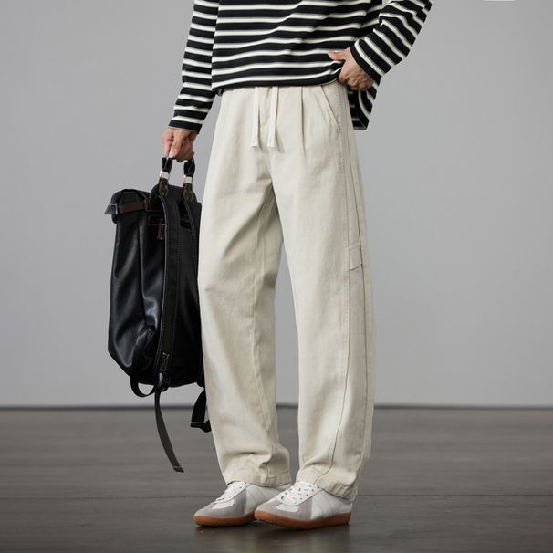 Men's Casual Cotton Wide-Leg Pants With Elastic Waist - Relaxed Fit Straight Leg Trousers For Everyday Wear (Available In Khaki, White-Grey, Black)_viptrois.com
