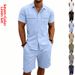 Men's Linen Short Sleeve Shirt And Pants Set, Casual Breathable Two-Piece Outfit For Summer, Relaxed Fit Linen Lounge Set_viptrois.com