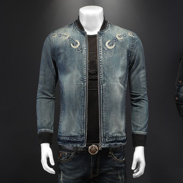Men's Clothes Baseball Thread Denim Jacket For Men Slim Fit Vintage Embroidery Trend Denim Coat For Men_viptrois.com