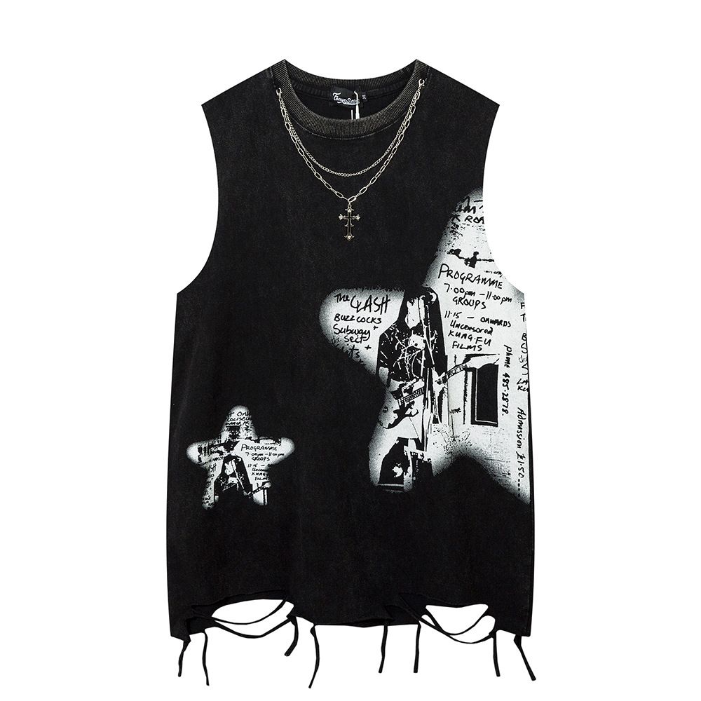 Men's Clothing Summer Retro High Street Old Washed Sleeveless Waistcoat Vest Loose Versatile Cotton T Shirt_viptrois.com