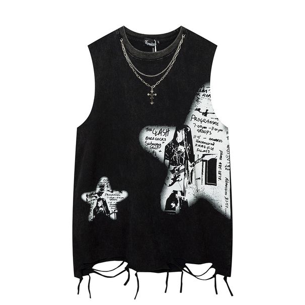 Men's Clothing Summer Retro High Street Old Washed Sleeveless Waistcoat Vest Loose Versatile Cotton T Shirt_viptrois.com