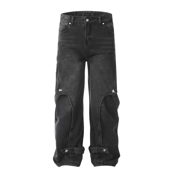 Unique Trendy Brand Patchwork Denim Cargo Pants For Men With Metal Buckle Decoration And Loose Straight Leg Design_viptrois.com