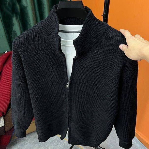 Men's Clothing Cardigan Solid Color Zipper Sweater Versatile Knitted Sweater Autumn And Winter Slim Jacket Collar Half High Outer Wear_viptrois.com