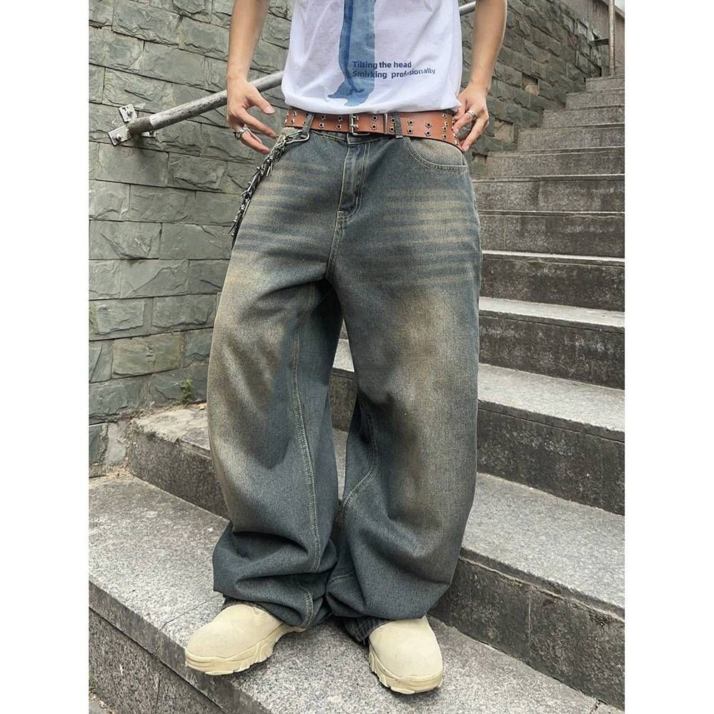 Men's Clothing Vintage Washed Denim Jeans – High Waist, Loose Fit, Straight Leg, S-XXXL, Distressed Style For Casual & Streetwear"_viptrois.com