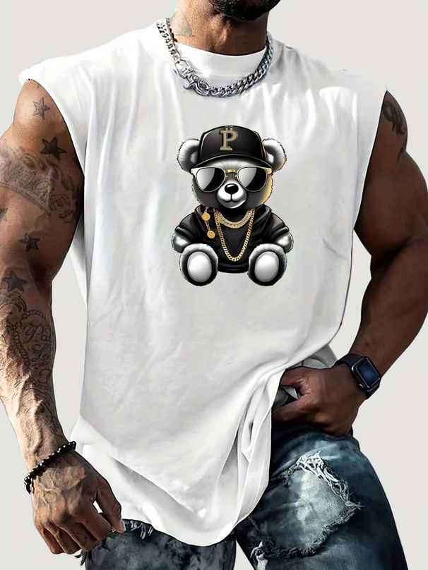 100% Pure Cotton Men's Summer Casual Sports Fitness Loose Bear Pattern Printed Breathable Round Neck Sleeveless Vest_viptrois.com