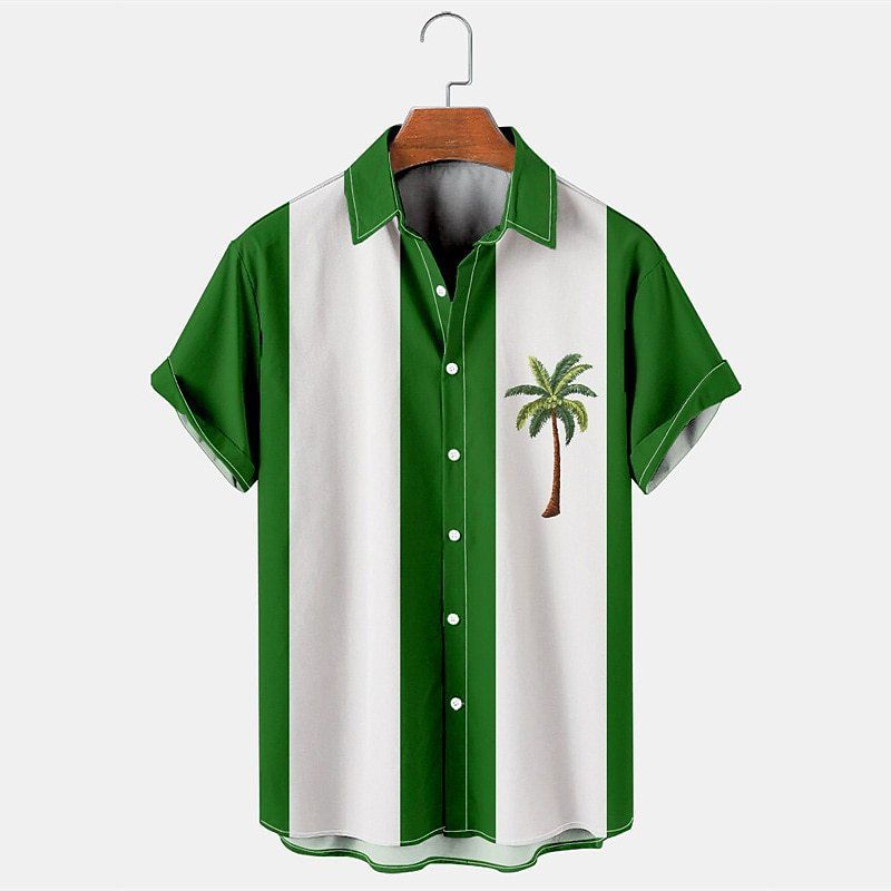 Men's Clothing Summer New Men's Coconut Tree Print Hawaiian Short Sleeved Shirt Casual Large Size Cardigan Lapel Beach Shirt_viptrois.com
