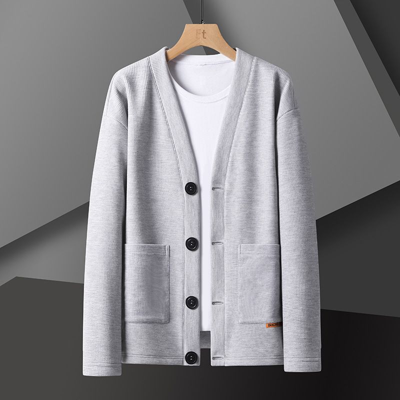 Men's Waffle Knit Cardigan Sweater – Lightweight Open Front Long Sleeve Top, Oversized Fit, Casual Korean Style For Spring & Fall_viptrois.com