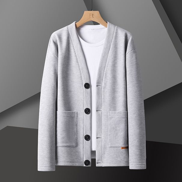 Men's Waffle Knit Cardigan Sweater – Lightweight Open Front Long Sleeve Top, Oversized Fit, Casual Korean Style For Spring & Fall_viptrois.com