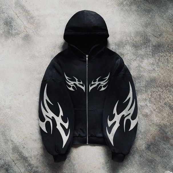 Men's Fleece-Lined Hooded Sweatshirt - Oversized Pullover With Print, Streetwear Style (Black/Gray, S-XXXL)_viptrois.com