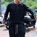 Men's Clothing Autumn New Henry Collar T Shirt Casual Solid Color Long Sleeve Loose Tops_viptrois.com