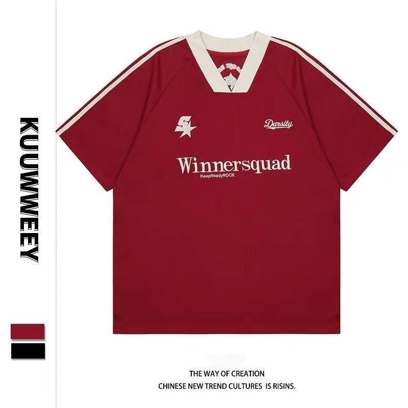 Men's Clothing High Street Retro Embroidery Color Matching V Neck Short Sleeved T Shirt Loose Casual Couple Sports Jersey Half Sleeve Trend_viptrois.com