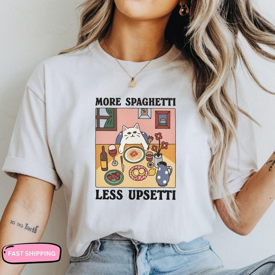 Cute Cat Art More Spaghetti Less Upsetti T-Shirt Mens Womens Tees Top Funny Italian Food Lover Tee Classic T-Shirt Mens Womens Tees Top_viptrois.com