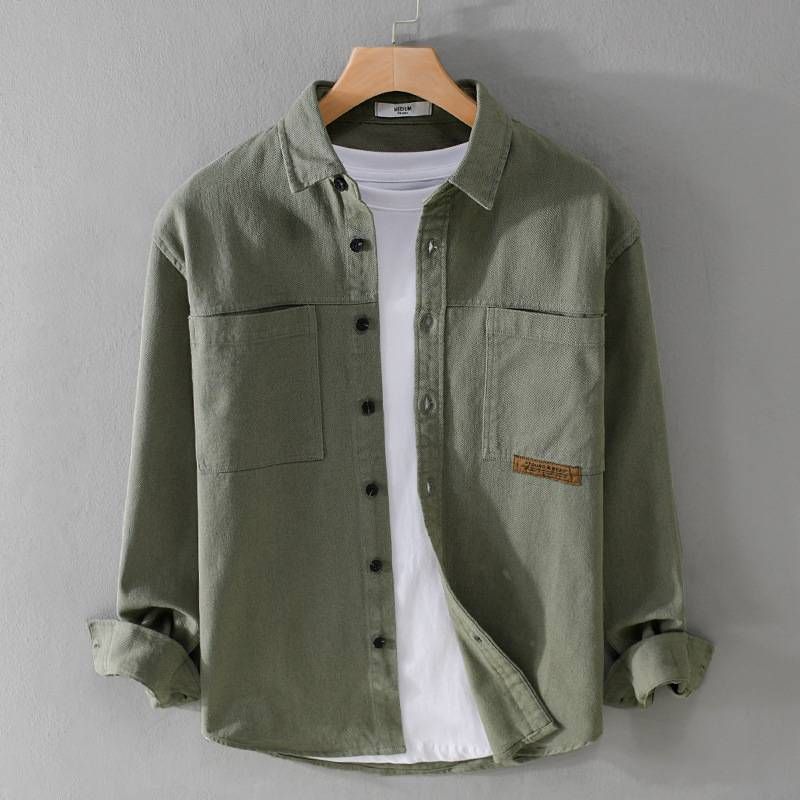 Autumn Simple Cotton Men's Long-sleeved Shirt, Casual Loose Men's Retro Solid-color Youth Shirt_viptrois.com